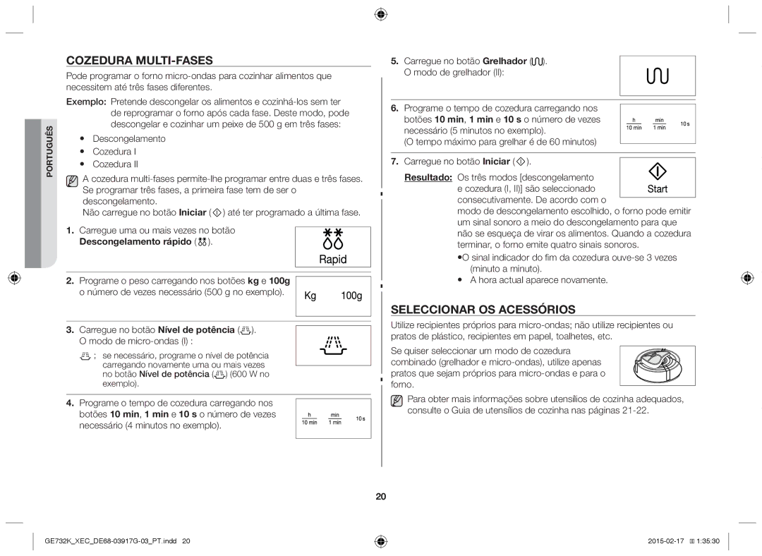 Samsung GE732K/XEC manual Cozedura multi-fases, Seleccionar os acessórios, Descongelamento rápido 