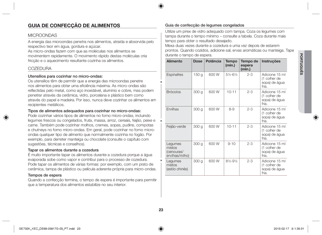 Samsung GE732K/XEC Guia de confecção de alimentos, Cozedura, Alimento Dose Potência Tempo Tempo de Instruções Min Espera 