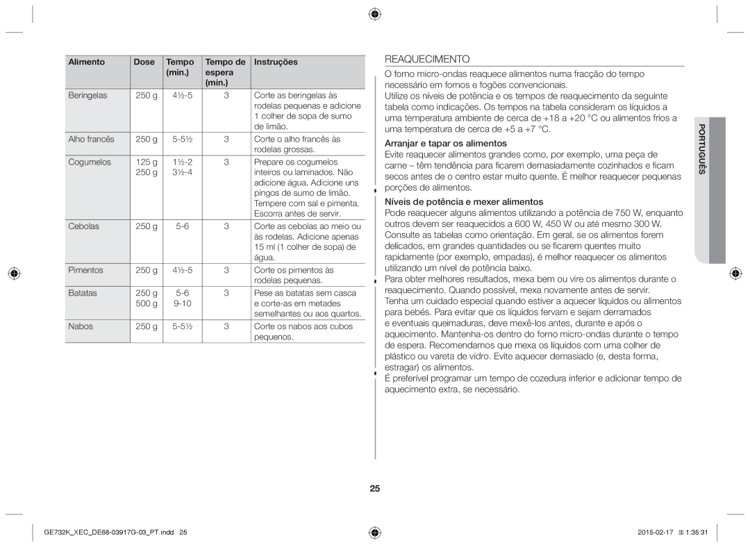 Samsung GE732K/XEC manual Reaquecimento 