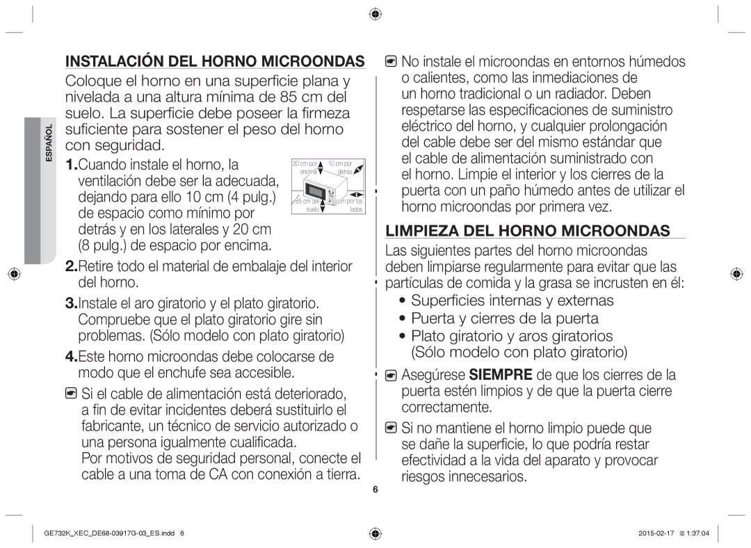 Samsung GE732K/XEC manual Instalación del horno microondas 