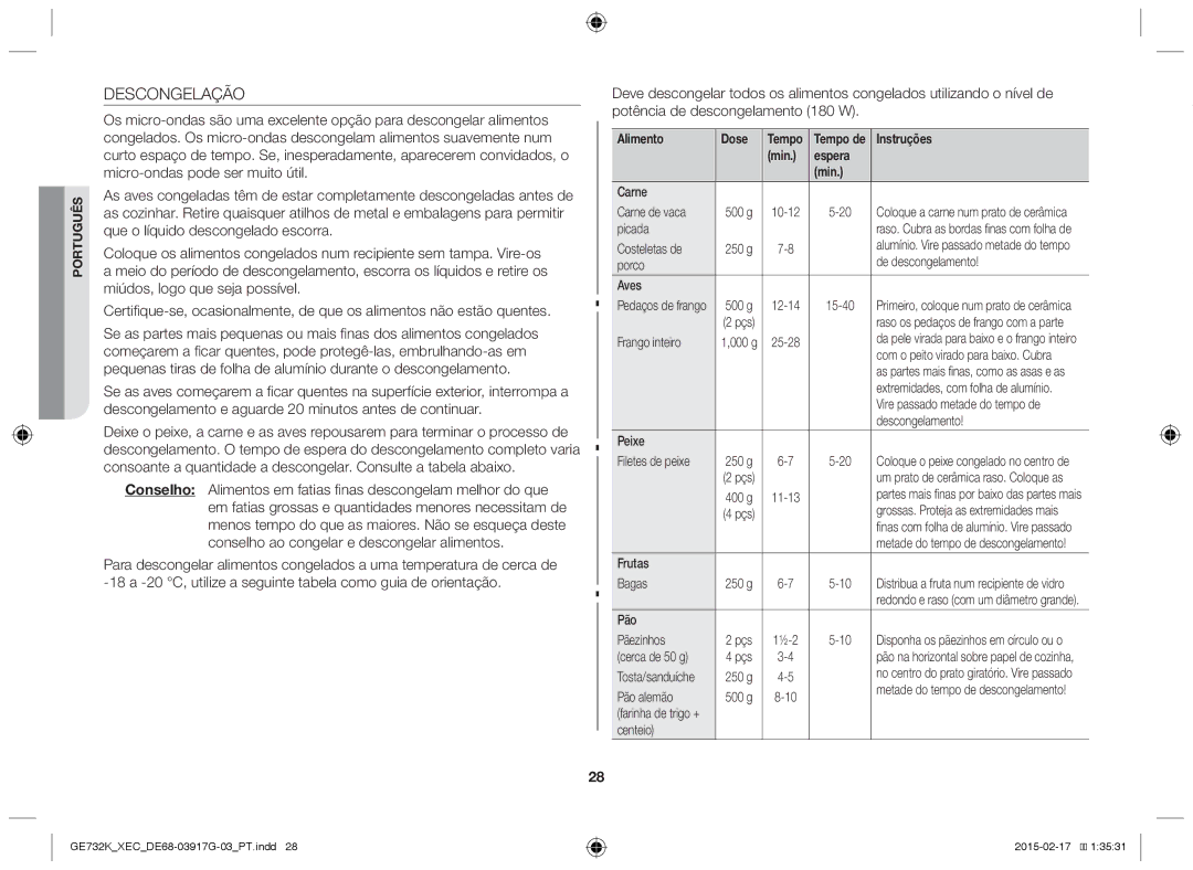 Samsung GE732K/XEC manual Descongelação, Min Espera 