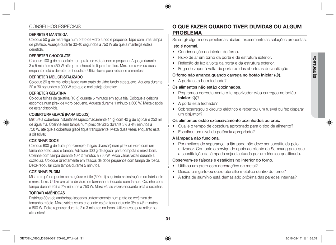 Samsung GE732K/XEC manual Que fazer quando tiver dúvidas ou algum problema, Conselhos Especiais 