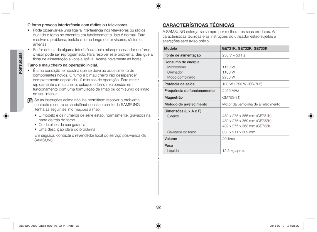 Samsung GE732K/XEC manual Características técnicas, Modelo GE731K, GE732K, GE733K 