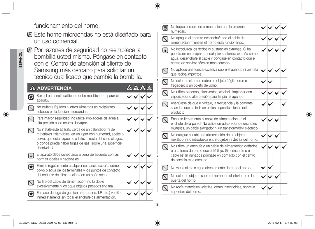 Samsung GE732K/XEC manual Advertencia, No toque el cable de alimentación con las manos húmedas 