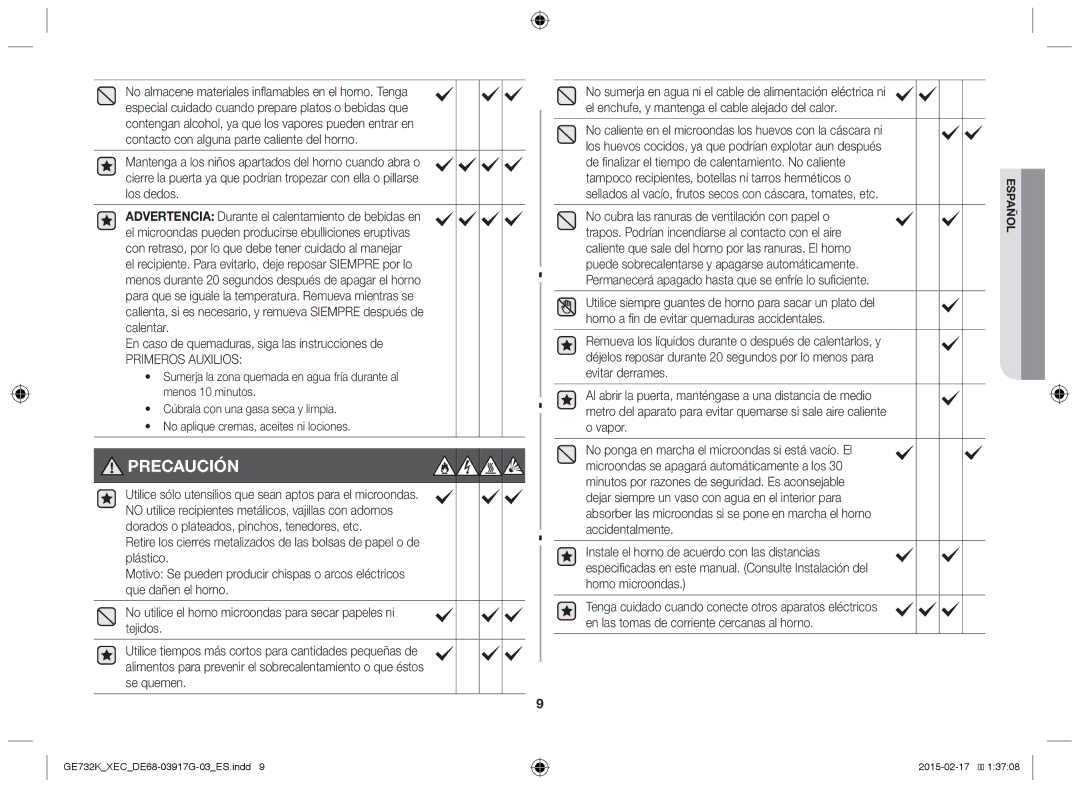 Samsung GE732K/XEC manual Primeros Auxilios, Sellados al vacío, frutos secos con cáscara, tomates, etc 