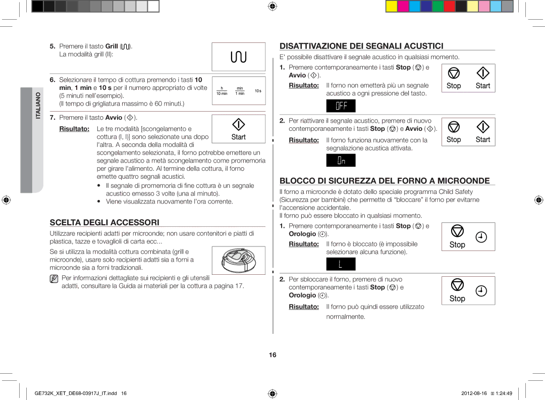 Samsung GE732K/XET Scelta Degli Accessori, Disattivazione DEI Segnali Acustici, Blocco DI Sicurezza DEL Forno a Microonde 