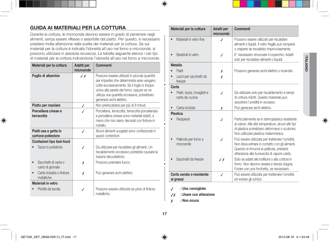 Samsung GE732K/XET manual Guida AI Materiali PER LA Cottura 