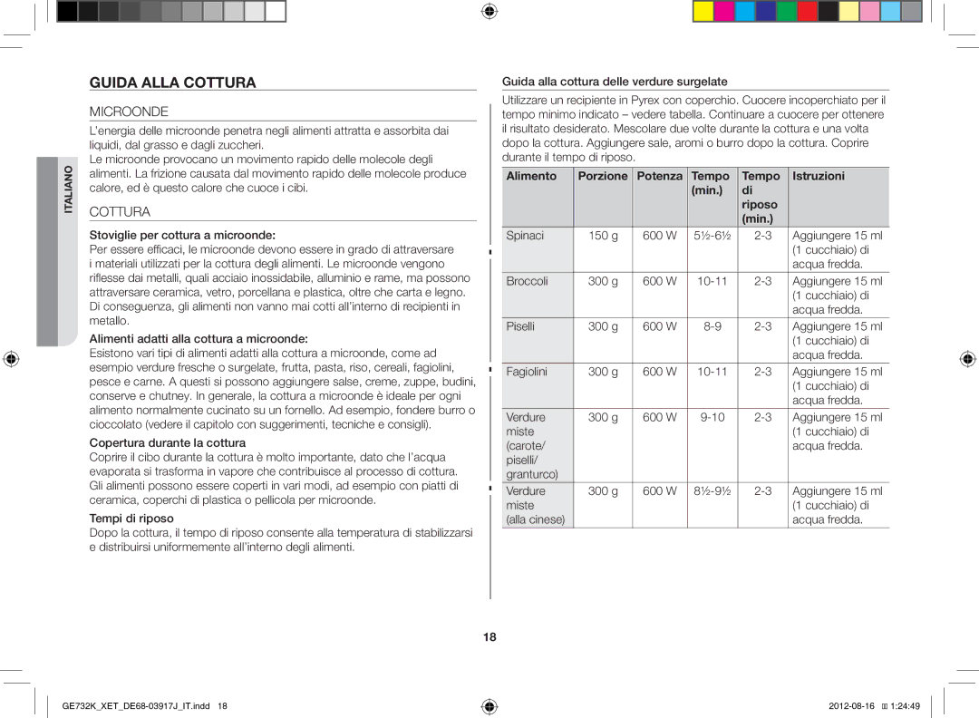 Samsung GE732K/XET manual Guida Alla Cottura, Microonde, Alimento Porzione Potenza Tempo Istruzioni Min Riposo 