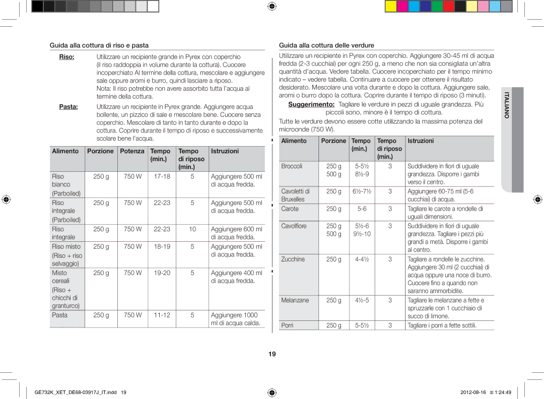 Samsung GE732K/XET manual Alimento Porzione Potenza Tempo Istruzioni, Di riposo Min, Tempo Istruzioni Min 