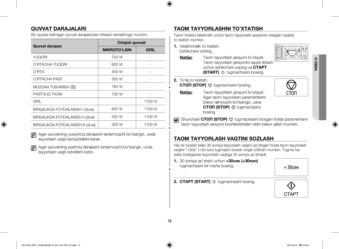 Samsung GE732KR-S/BWT, GE733KR/BWT manual Quvvat Darajalari, Taom Tayyorlashni TO’XTATISH, Taom Tayyorlash Vaqtini Sozlash 