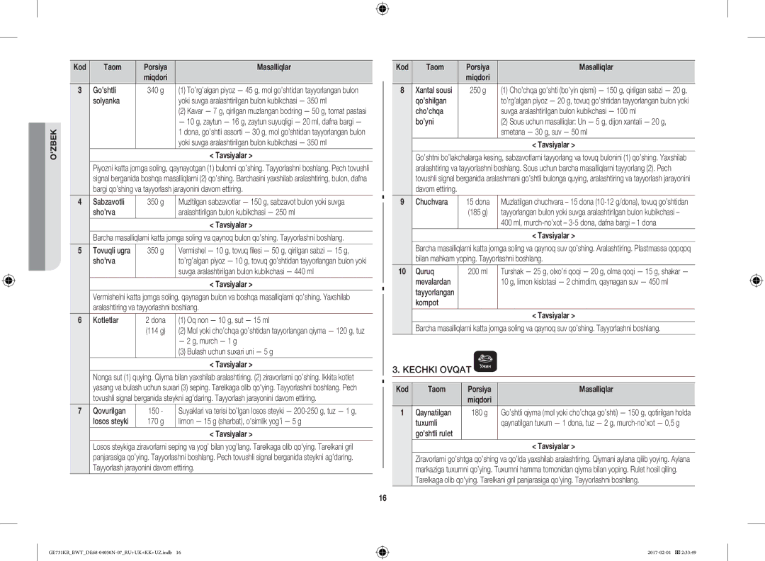 Samsung GE732KR-S/BWT, GE733KR/BWT, GE733KR-X/BWT manual Kechki Ovqat 