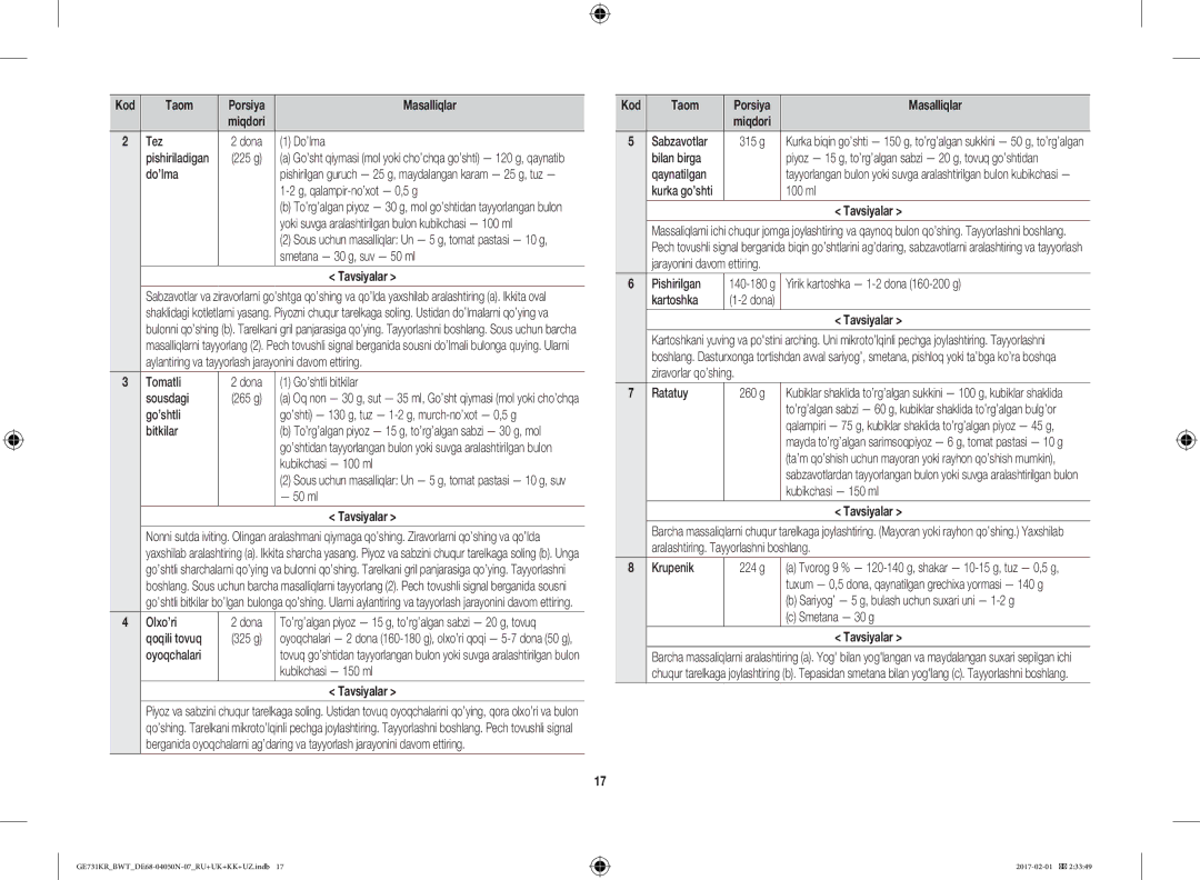 Samsung GE733KR-X/BWT, GE733KR/BWT, GE732KR-S/BWT manual Bilan birga, 100 ml 