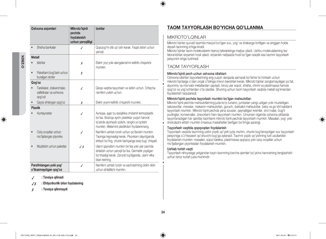Samsung GE733KR/BWT, GE732KR-S/BWT, GE733KR-X/BWT manual Taom Tayyorlash BO’YICHA QO’LLANMA, Mikroto’Lqinlar 