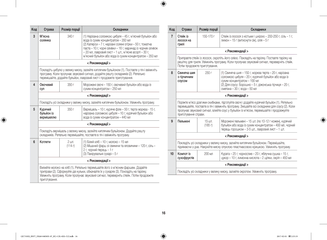 Samsung GE733KR/BWT manual ’ясна, Солянка Вода із сухим концентратом 350 мл, Овочевий 350 г, Суп Сухим концентратом 250 мл 