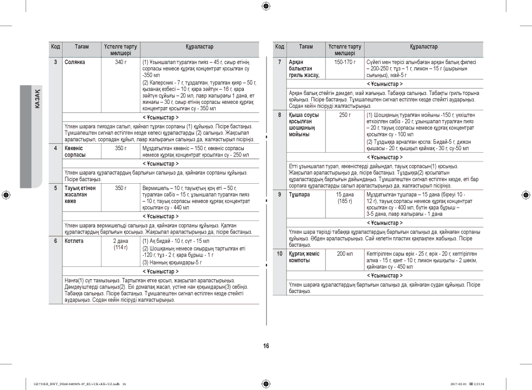 Samsung GE733KR-X/BWT manual Көкөніс 350 г, Сорпасы, Тауық етінен 350 г, Жасалған, Көже, Қосылған су 440 мл, Котлета, Арқан 