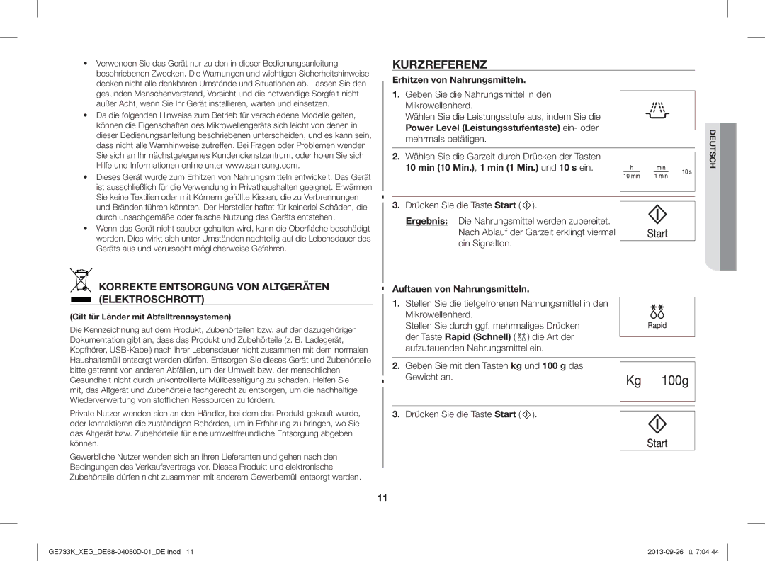 Samsung GE733K/XEG manual Kurzreferenz, Erhitzen von Nahrungsmitteln, Min 10 Min., 1 min 1 Min. und 10 s ein 