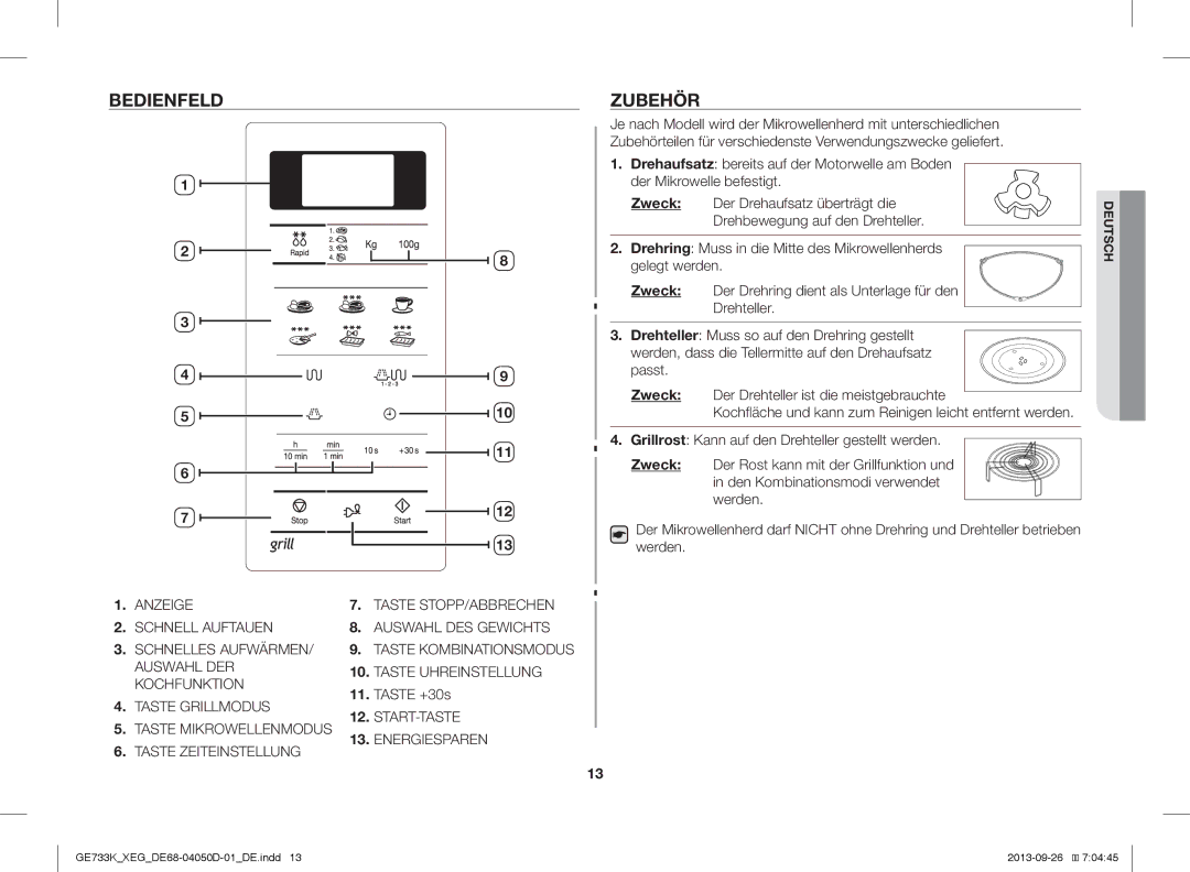 Samsung GE733K/XEG manual Bedienfeld, Zubehör, Taste +30s 