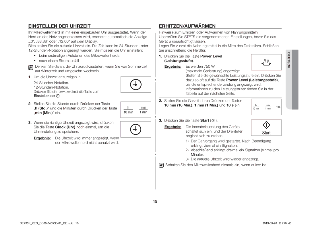 Samsung GE733K/XEG manual Einstellen DER Uhrzeit, Erhitzen/Aufwärmen, Leistungsstufe 