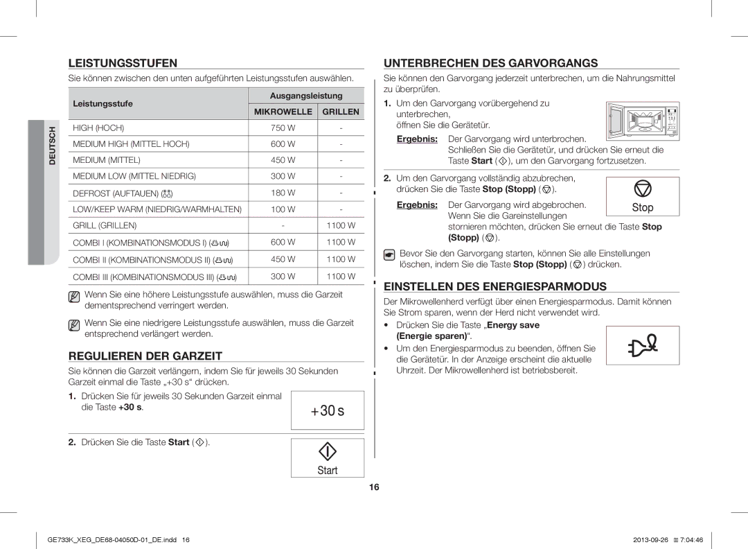 Samsung GE733K/XEG Leistungsstufen, Regulieren DER Garzeit, Unterbrechen DES Garvorgangs, Einstellen DES Energiesparmodus 