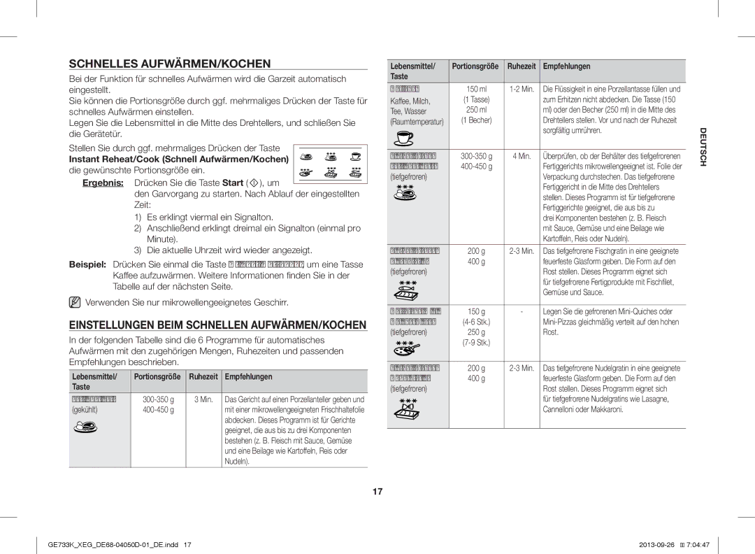 Samsung GE733K/XEG Schnelles AUFWÄRMEN/KOCHEN, Einstellungen Beim Schnellen AUFWÄRMEN/KOCHEN, Lebensmittel, Empfehlungen 