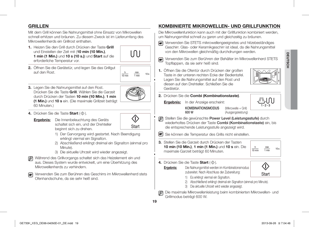 Samsung GE733K/XEG manual Grillen, Kombinierte MIKROWELLEN- UND Grillfunktion, Minuten Drücken Sie die Taste Start 