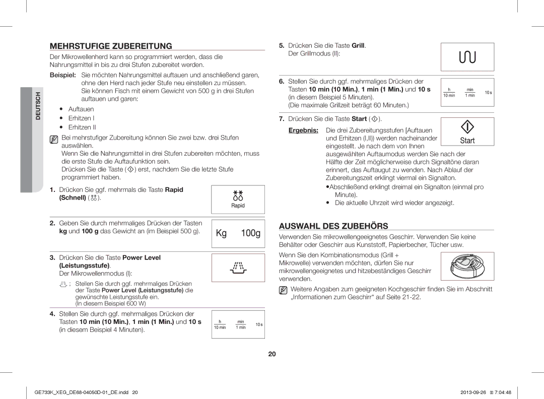 Samsung GE733K/XEG manual Mehrstufige Zubereitung, Auswahl DES Zubehörs, Schnell, Der Mikrowellenmodus 