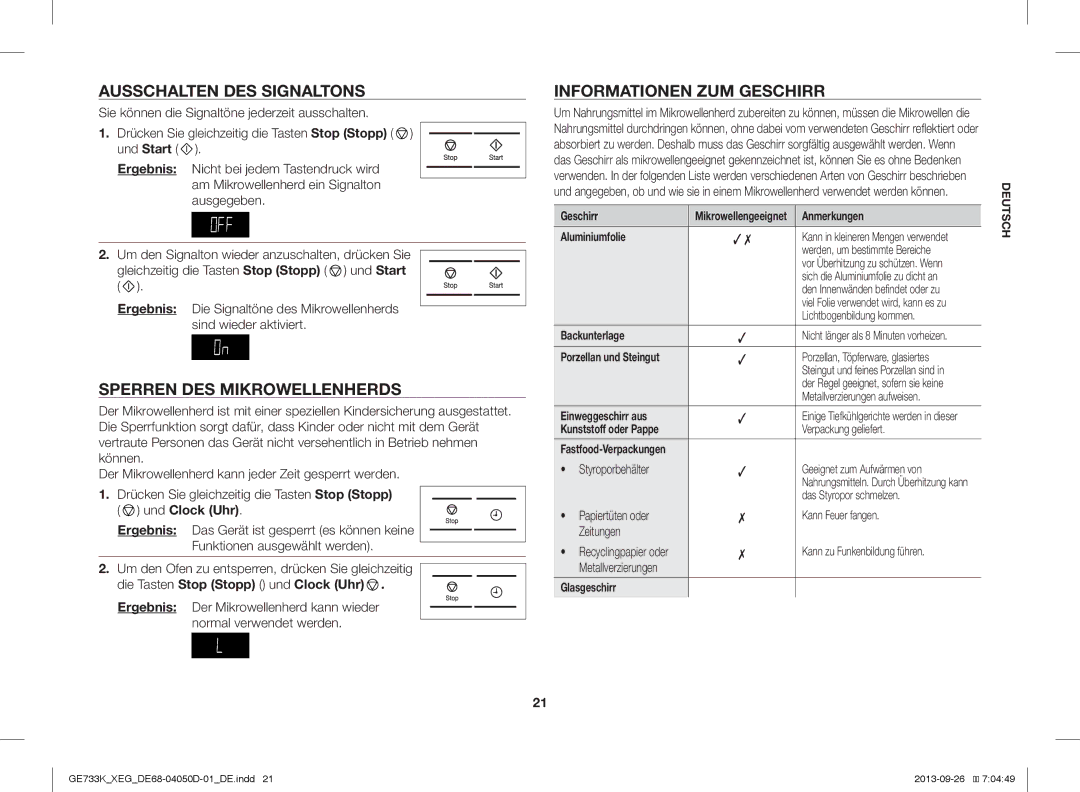 Samsung GE733K/XEG Ausschalten DES Signaltons, Sperren DES Mikrowellenherds, Informationen ZUM Geschirr, Und Clock Uhr 