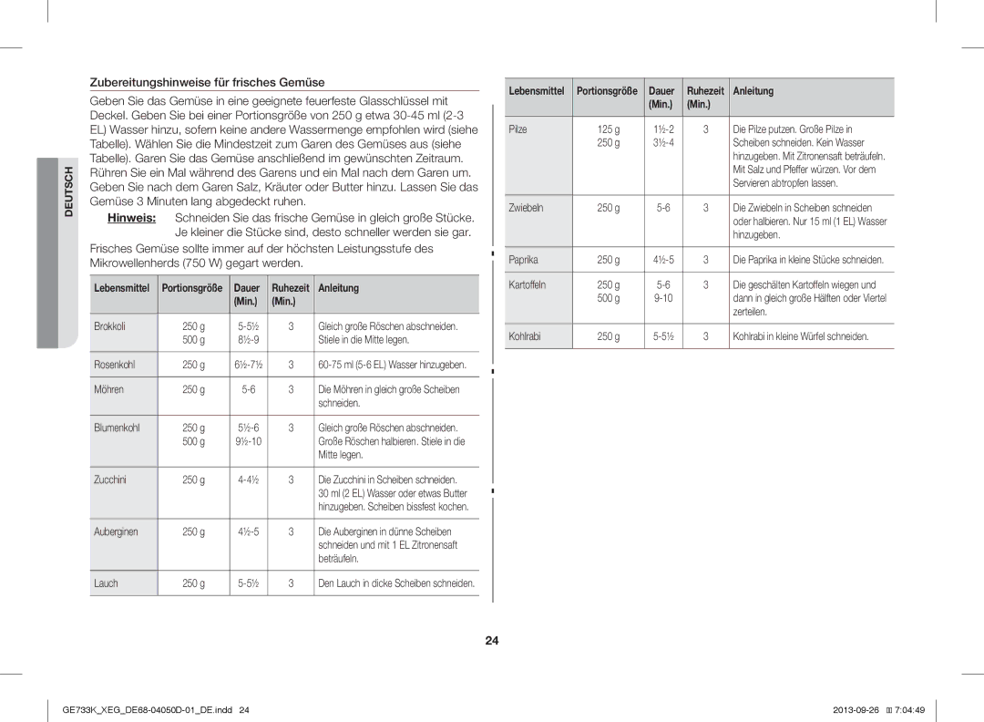 Samsung GE733K/XEG manual Zubereitungshinweise für frisches Gemüse 