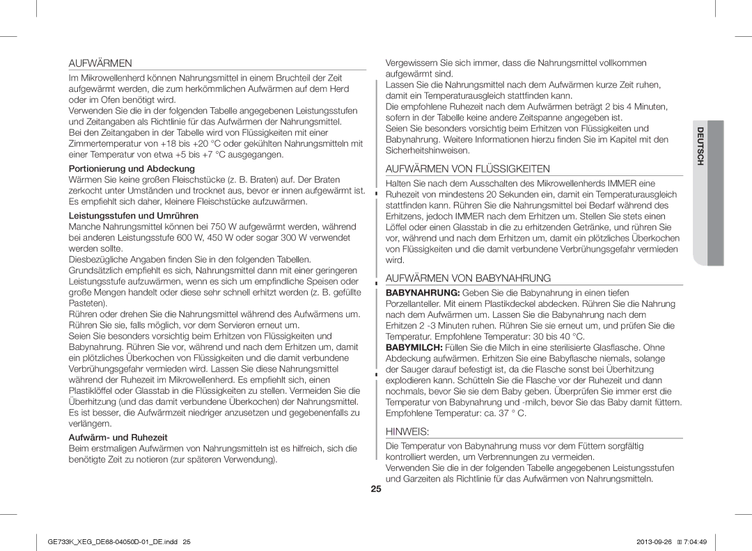 Samsung GE733K/XEG manual Aufwärmen VON Flüssigkeiten, Aufwärmen VON Babynahrung, Hinweis, Portionierung und Abdeckung 