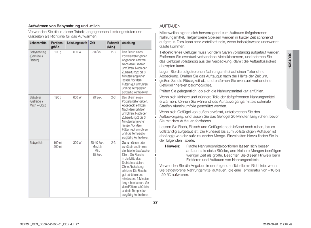 Samsung GE733K/XEG manual Auftauen, Zeit 