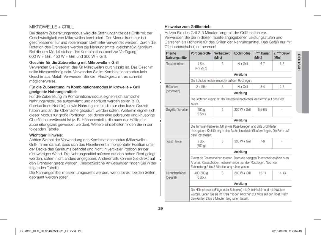 Samsung GE733K/XEG manual Mikrowelle + Grill, Frische, Nur Grill 