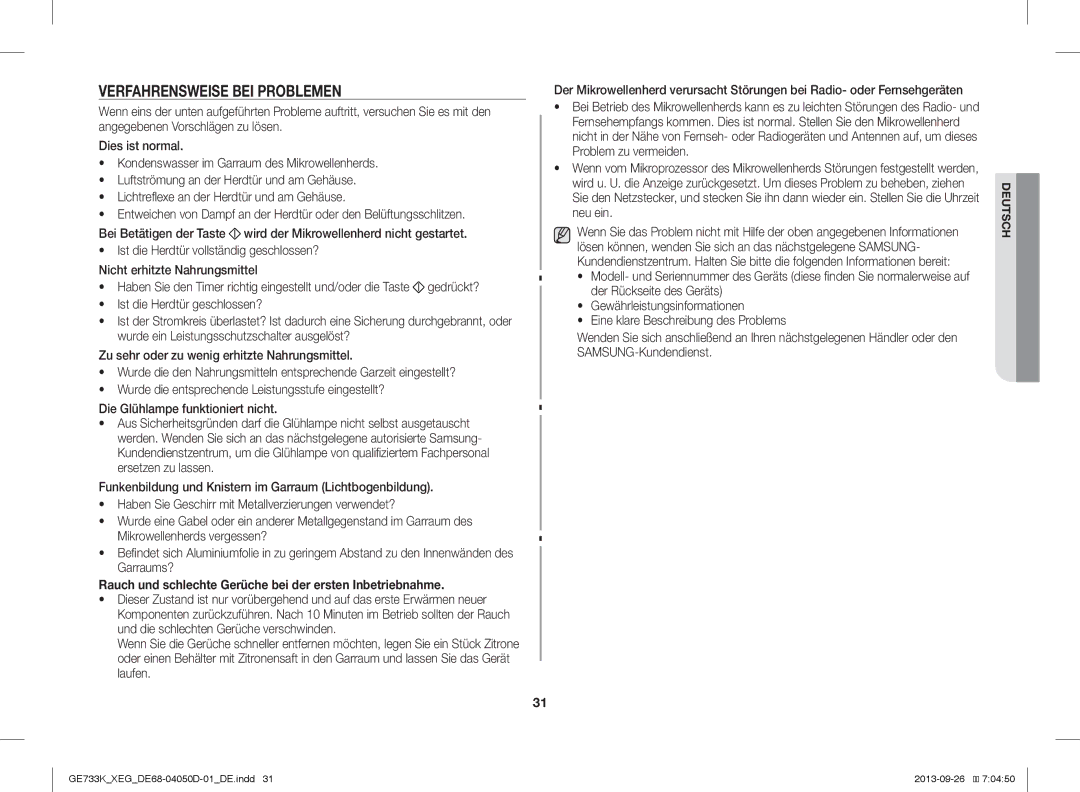 Samsung GE733K/XEG manual Verfahrensweise BEI Problemen, Ist die Herdtür geschlossen? 