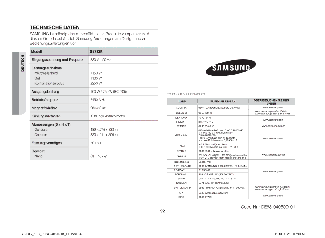 Samsung GE733K/XEG manual Technische Daten, Modell GE733K, 50 Hz 