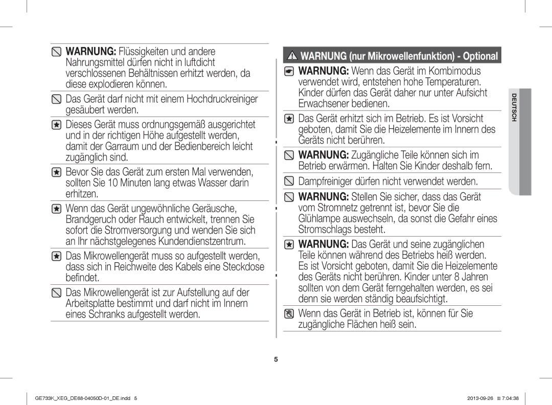 Samsung GE733K/XEG manual Warnung nur Mikrowellenfunktion Optional 