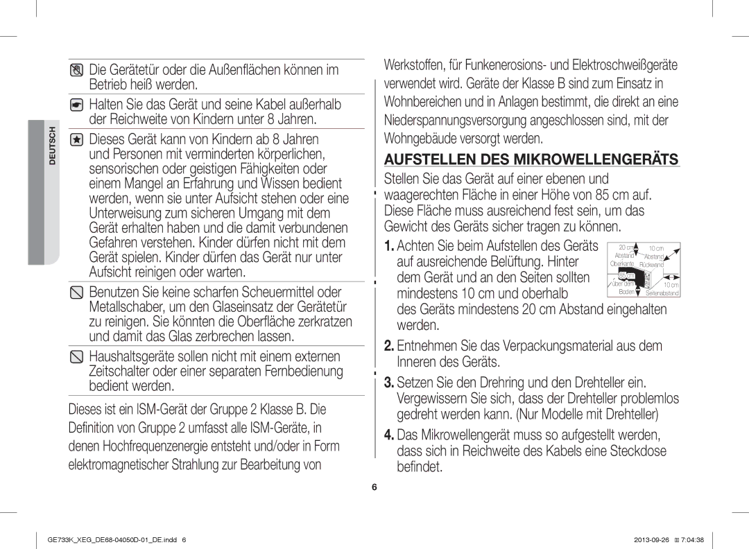 Samsung GE733K/XEG manual Aufstellen DES Mikrowellengeräts 