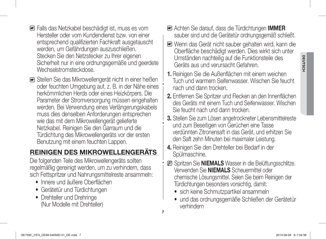 Samsung GE733K/XEG manual Reinigen DES Mikrowellengeräts 