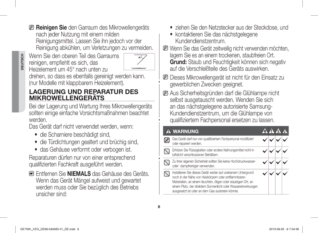 Samsung GE733K/XEG manual Lagerung UND Reparatur DES Mikrowellengeräts 