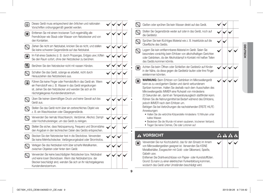 Samsung GE733K/XEG manual Vorsicht, Berühren Sie den Netzstecker nicht mit nassen Händen 