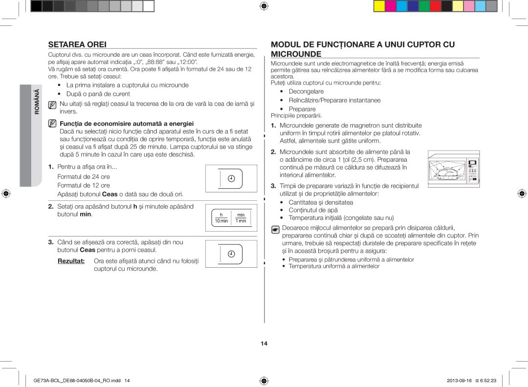 Samsung GE73A/BOL, GE73A/XEO manual Setarea Orei, Modul DE Funcţionare a Unui Cuptor CU Microunde, Principiile preparării 