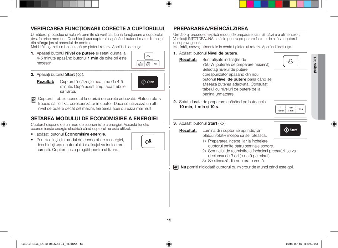 Samsung GE73A/XEO, GE73A/BOL manual Verificarea Funcţionării Corecte a Cuptorului, Setarea Modului DE Economisire a Energiei 