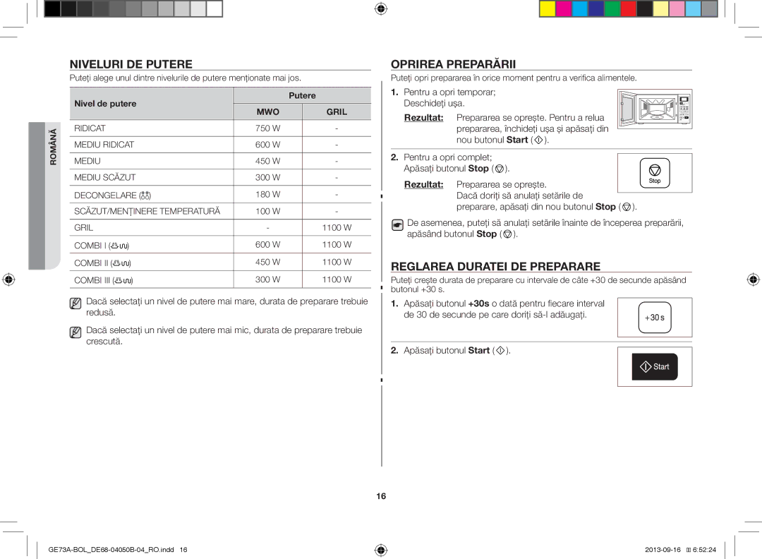 Samsung GE73A/BOL, GE73A/XEO Niveluri DE Putere, Oprirea Preparării, Reglarea Duratei DE Preparare, Nivel de putere Putere 