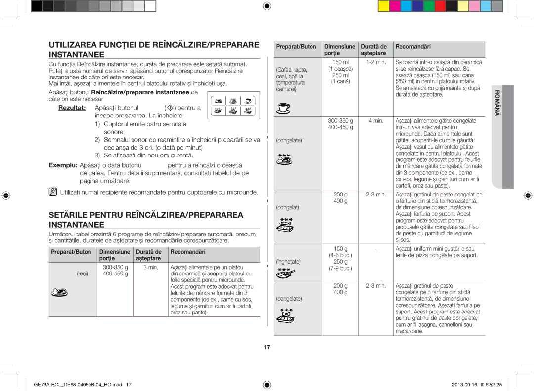 Samsung GE73A/XEO, GE73A/BOL manual Utilizarea Funcţiei DE REÎNCĂLZIRE/PREPARARE Instantanee, Preparat/Buton 