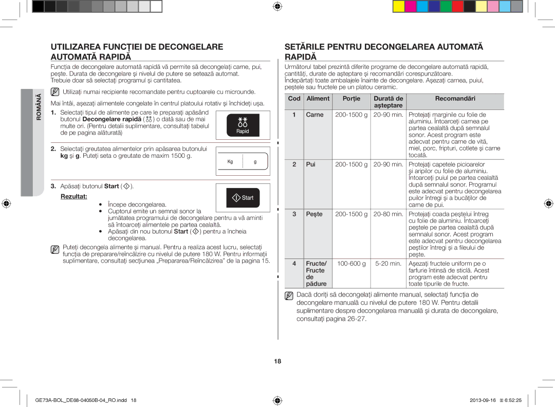 Samsung GE73A/BOL manual Utilizarea Funcţiei DE Decongelare Automată Rapidă, Setările Pentru Decongelarea Automată Rapidă 