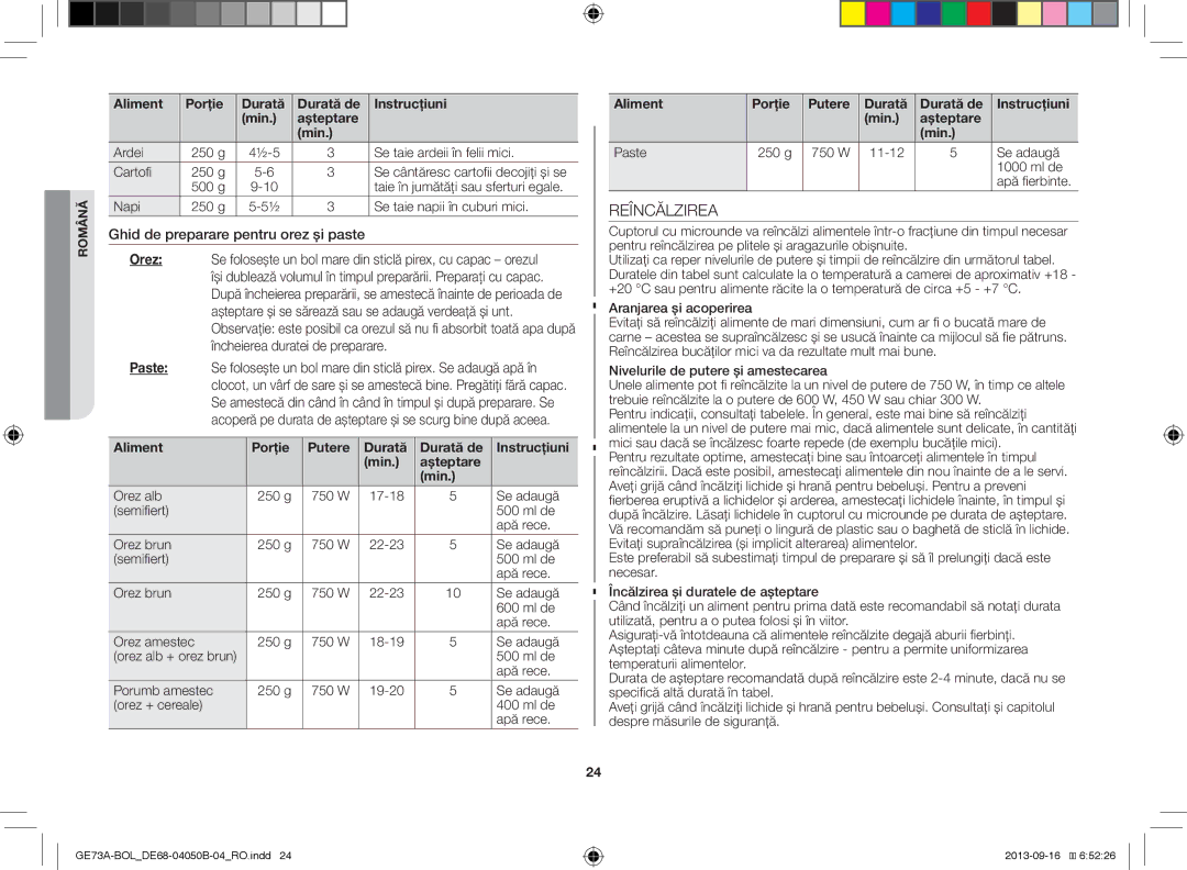 Samsung GE73A/BOL, GE73A/XEO manual Reîncălzirea, Ghid de preparare pentru orez şi paste 