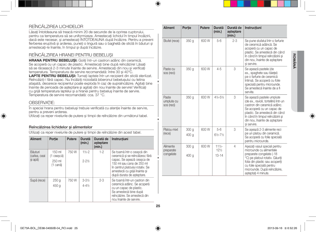 Samsung GE73A/XEO, GE73A/BOL manual Reîncălzirea Lichidelor, Reîncălzirea Hranei Pentru Bebeluşi, Observaţie 