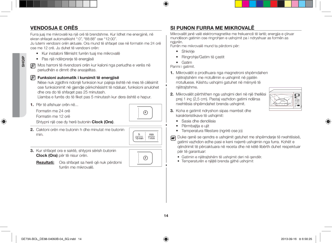 Samsung GE73A/BOL, GE73A/XEO Vendosja E Orës, SI Punon Furra ME Mikrovalë, Funksioni automatik i kursimit të energjisë 