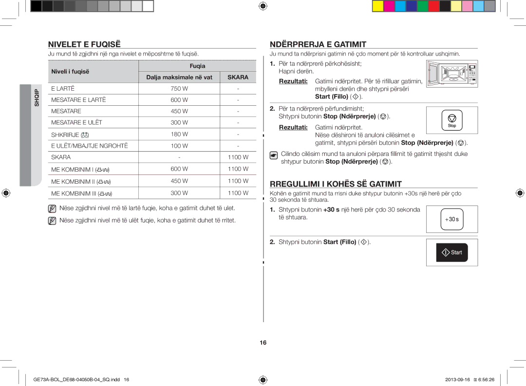 Samsung GE73A/BOL, GE73A/XEO Nivelet E Fuqisë, Ndërprerja E Gatimit, Rregullimi I Kohës SË Gatimit, Niveli i fuqisë Fuqia 