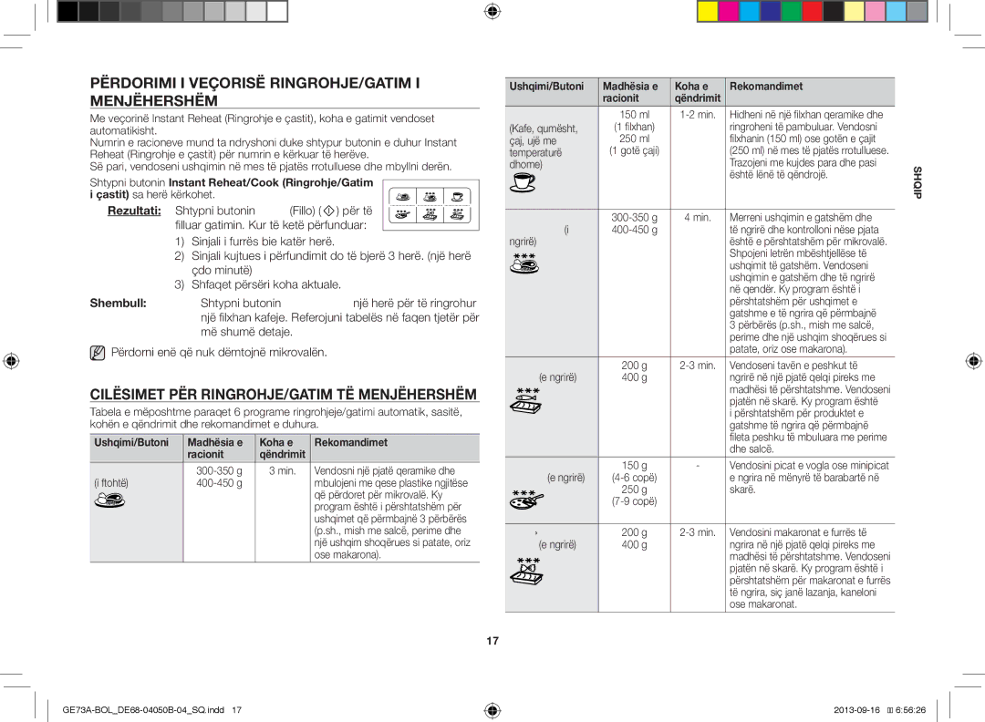 Samsung GE73A/XEO manual Përdorimi I Veçorisë RINGROHJE/GATIM I Menjëhershëm, Cilësimet PËR RINGROHJE/GATIM TË Menjëhershëm 