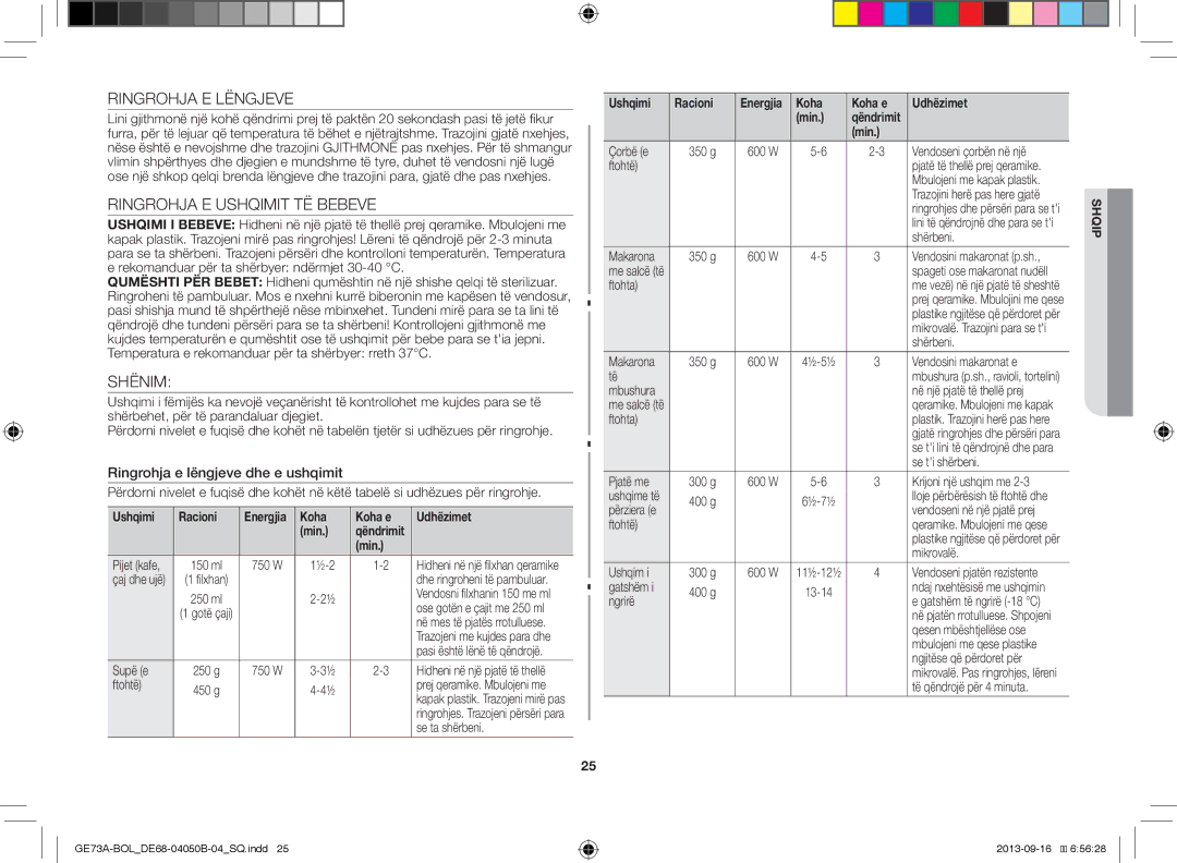 Samsung GE73A/XEO manual Ringrohja E Lëngjeve, Ringrohja E Ushqimit TË Bebeve, Shënim, Ringrohja e lëngjeve dhe e ushqimit 