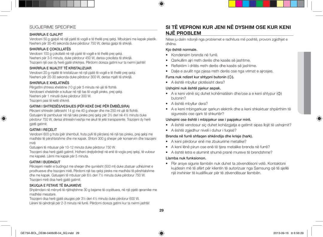 Samsung GE73A/XEO, GE73A/BOL manual SI TË Veproni KUR Jeni NË Dyshim OSE KUR Keni NJË Problem, Sugjerime Specifike 